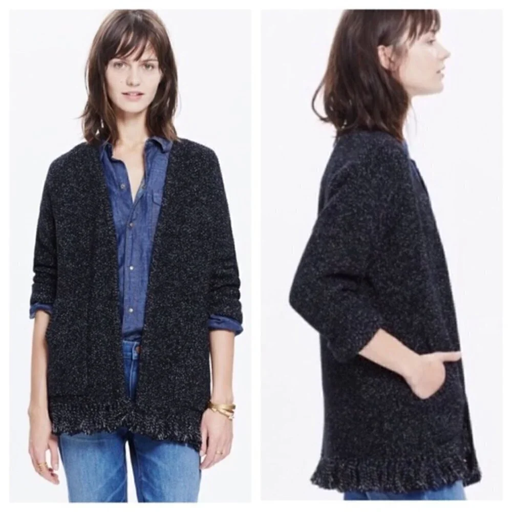 MADEWELL Memento Fringe Cotton open Cardigan Sweater black white size small